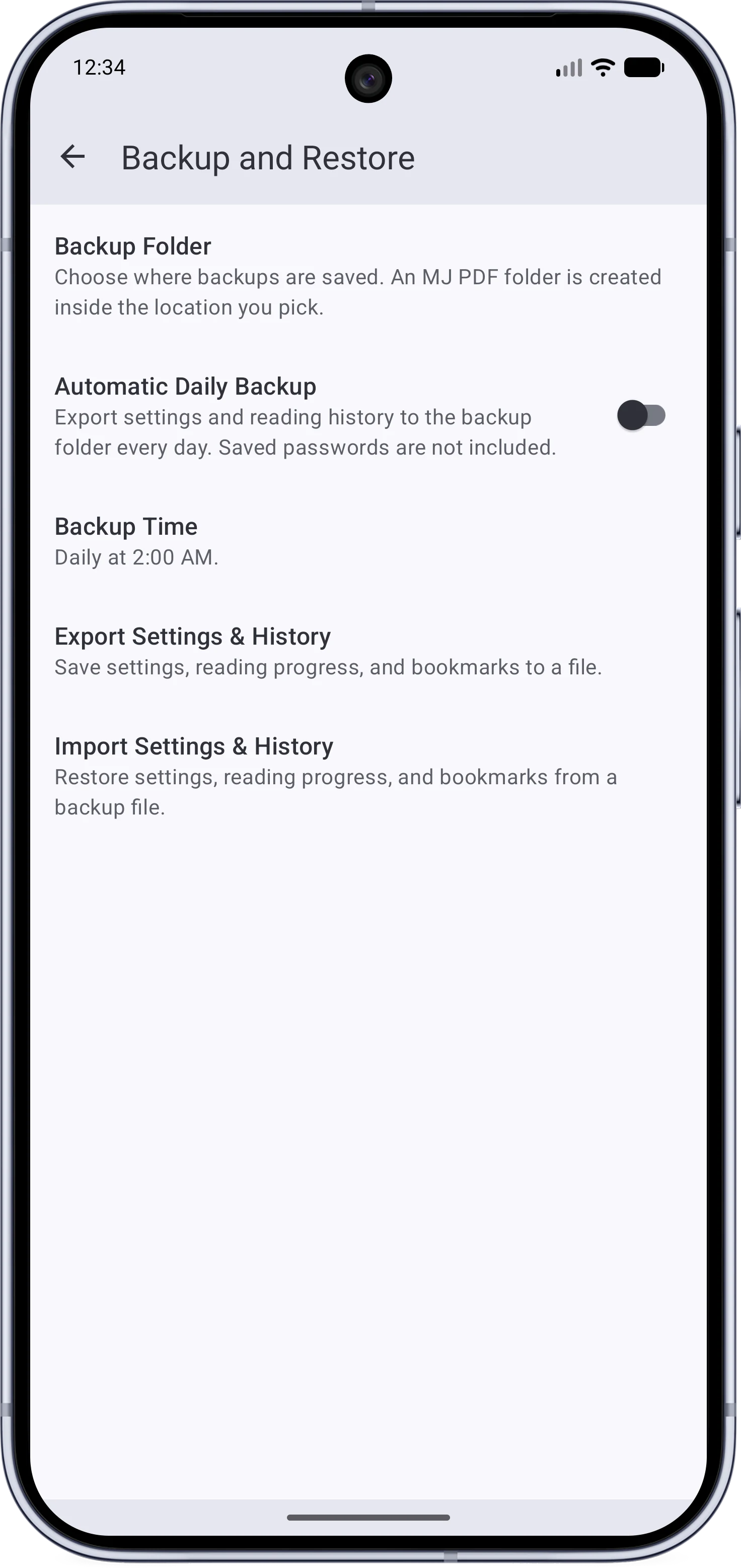 The backup and restore settings