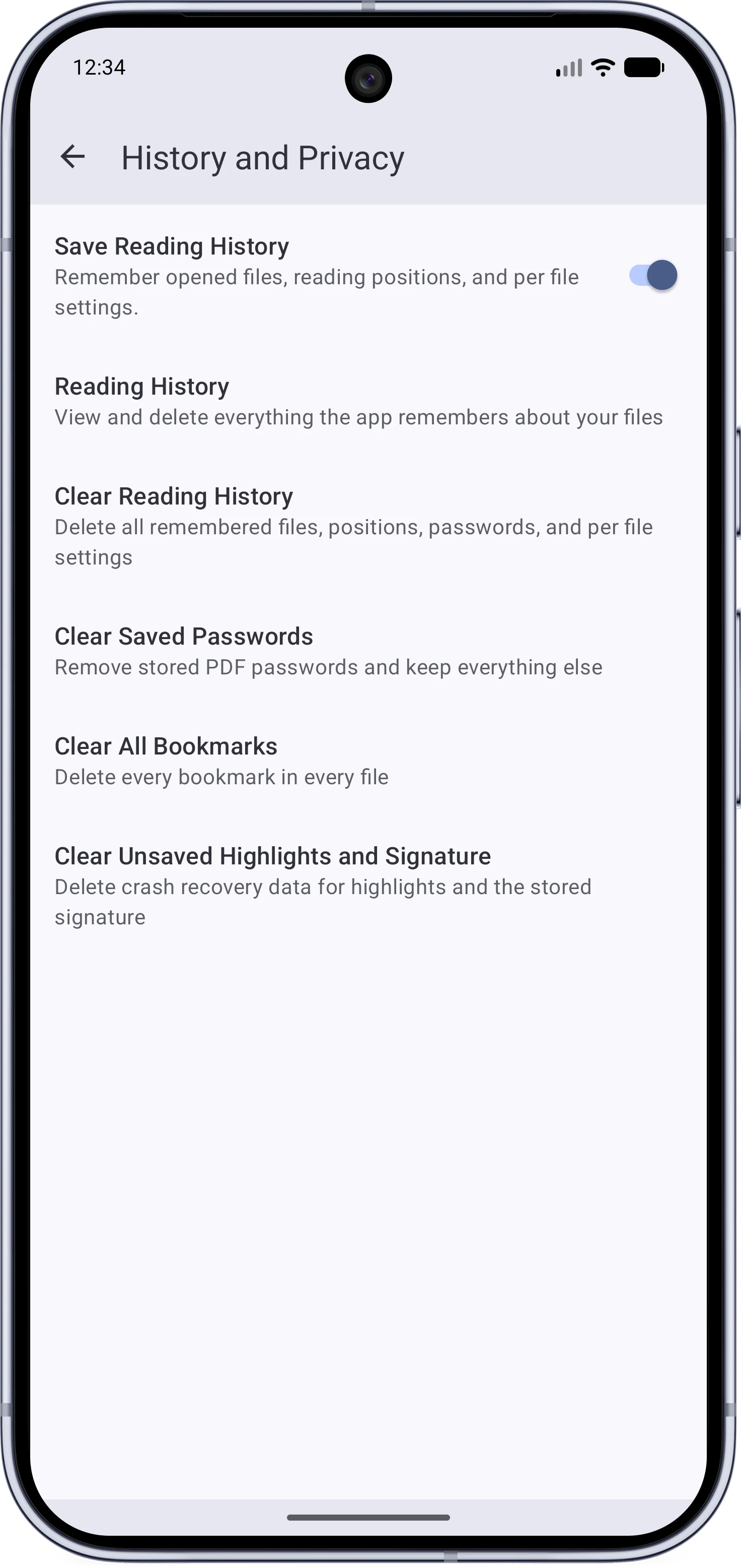 The History and Privacy settings page