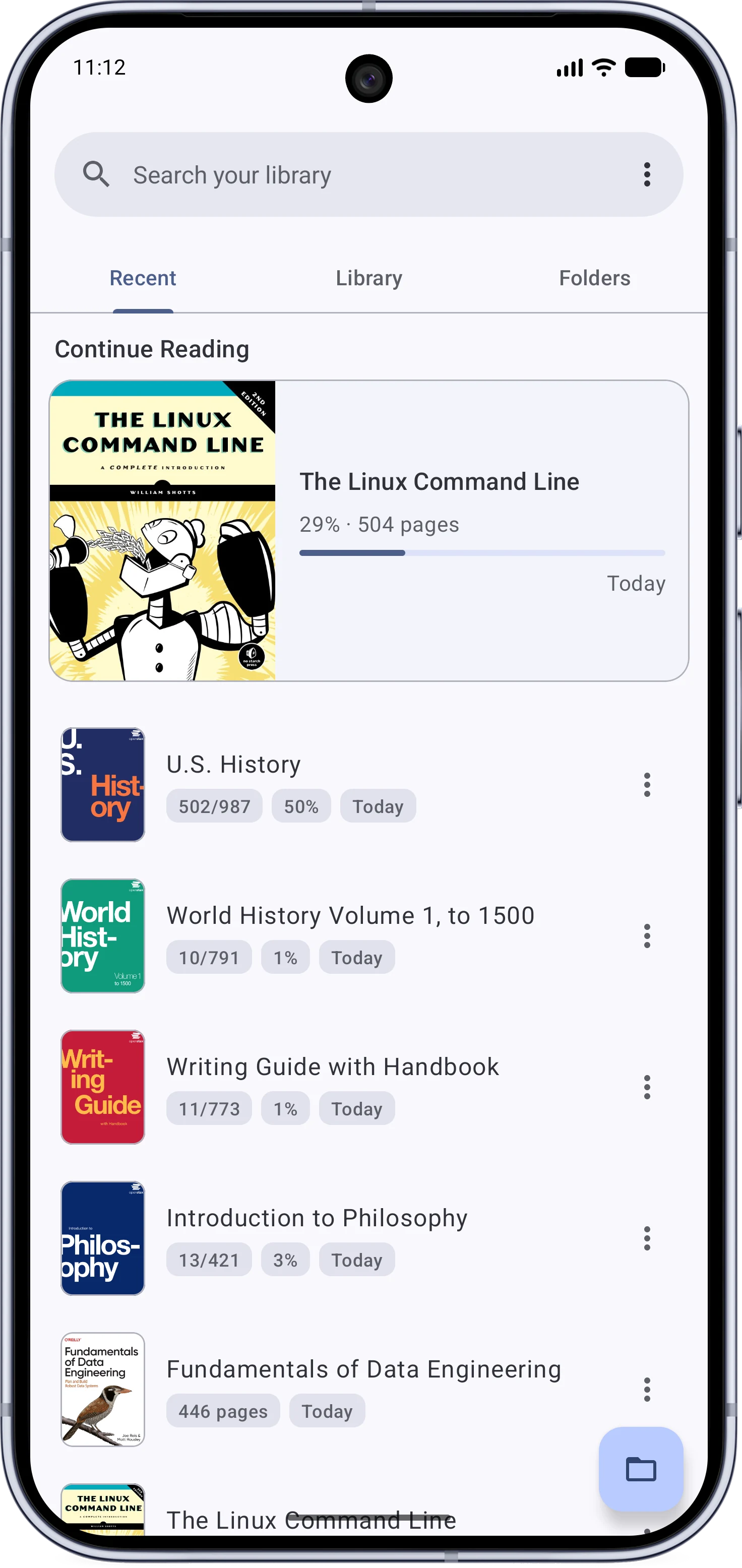 The Recent tab with the Continue Reading pager