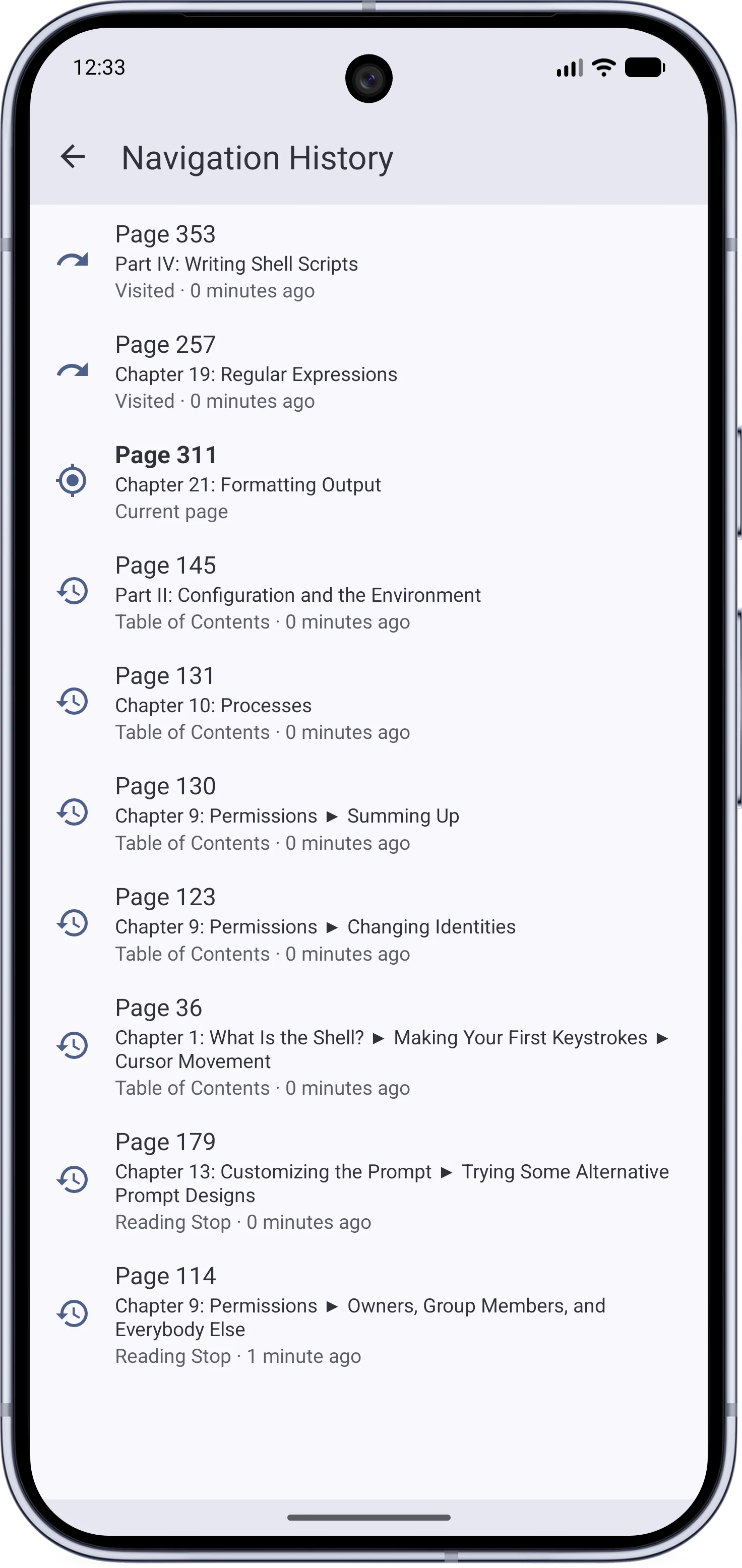The navigation history page with forward and back sections