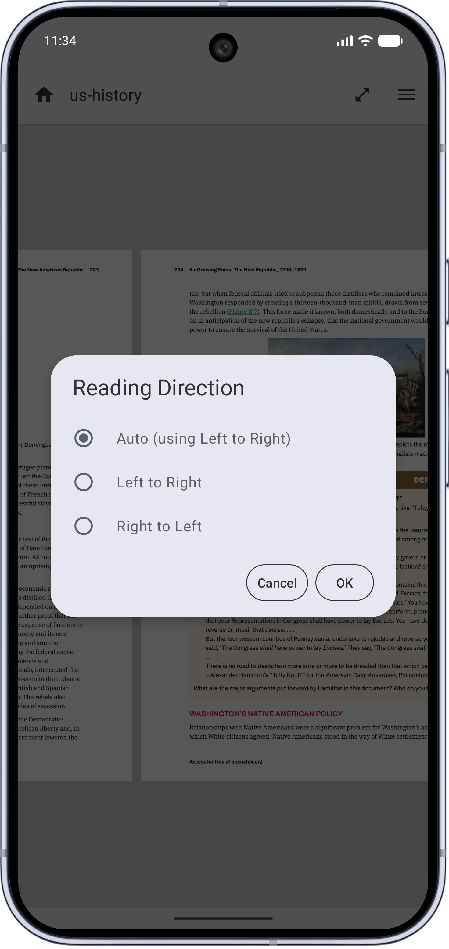 The per-document reading direction dialog