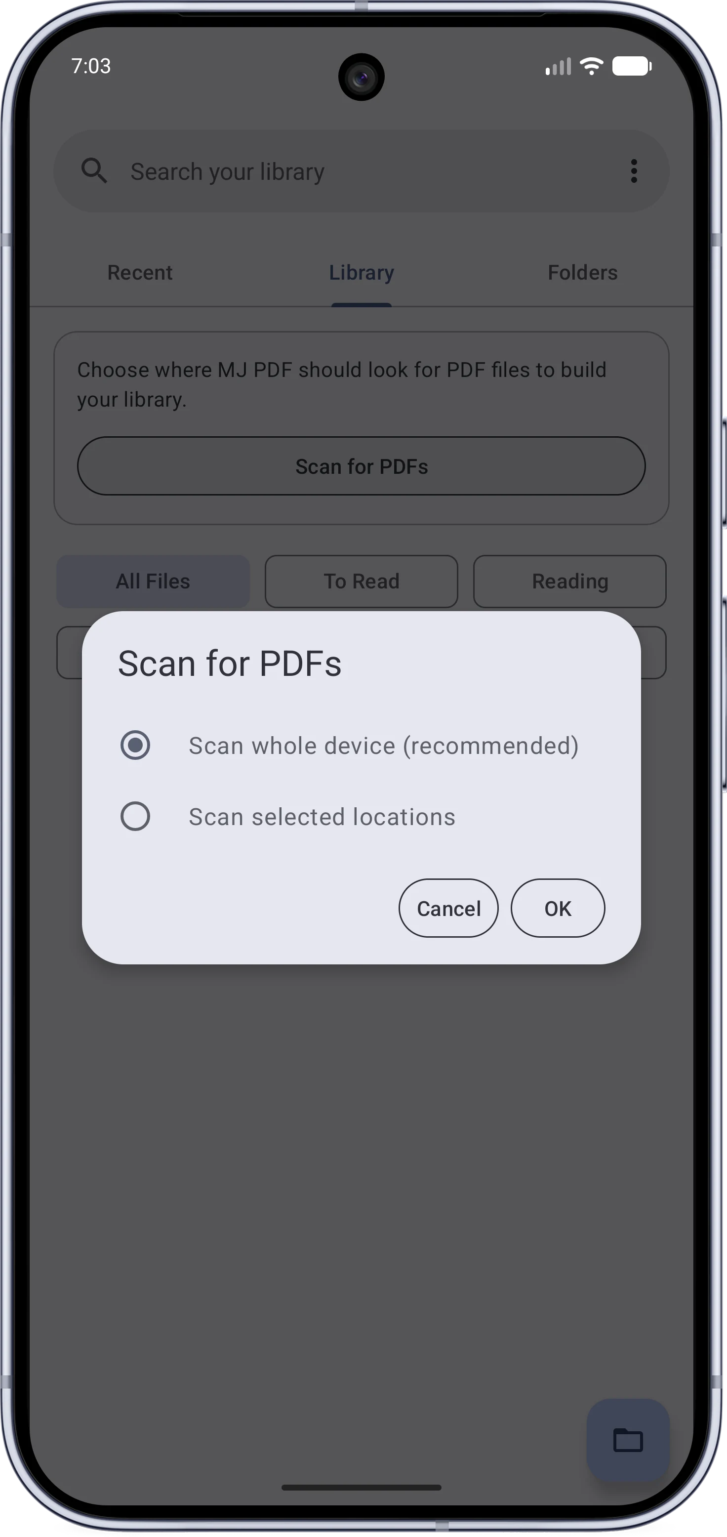 The folder picker for choosing scan locations