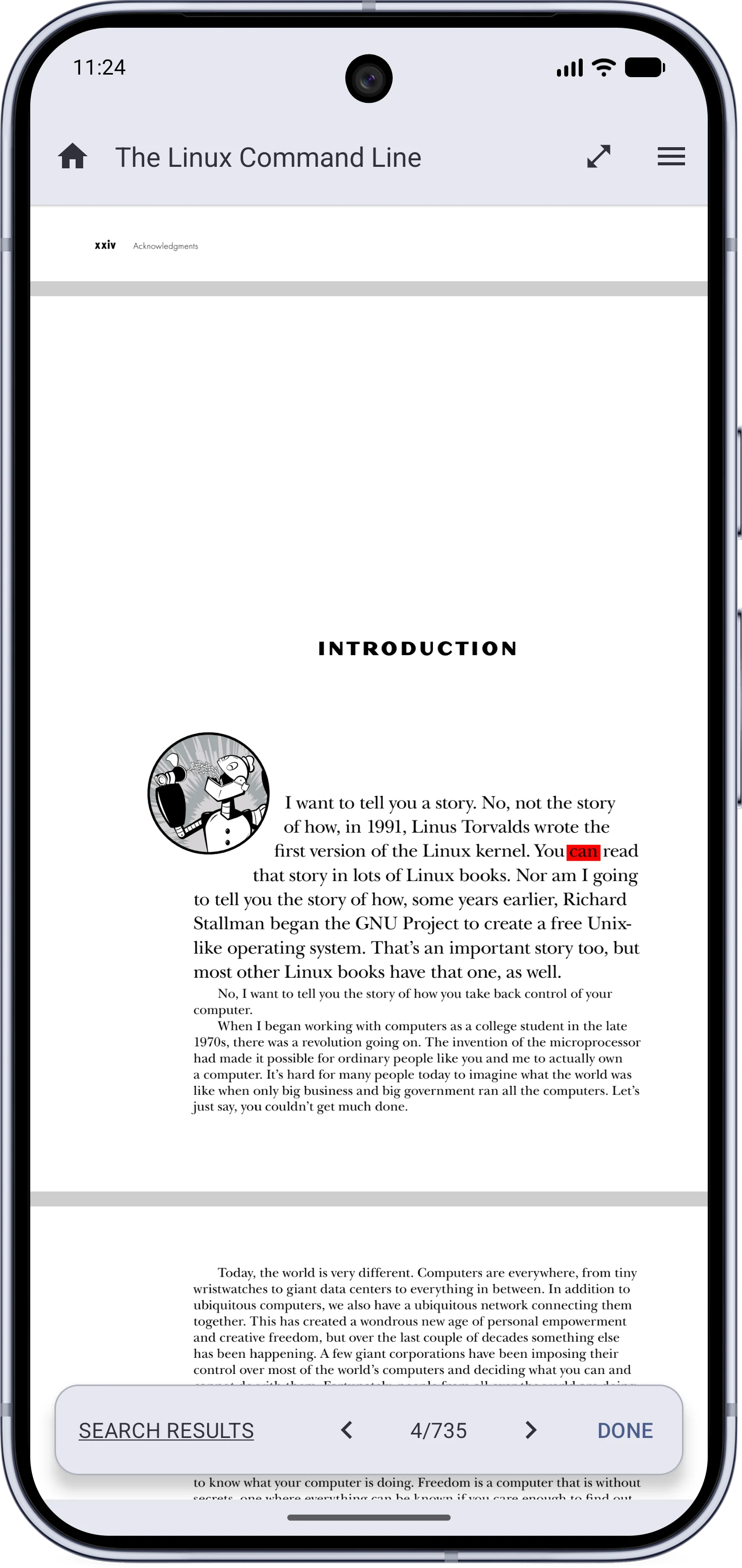 The in-reader search results bar with arrows and a counter