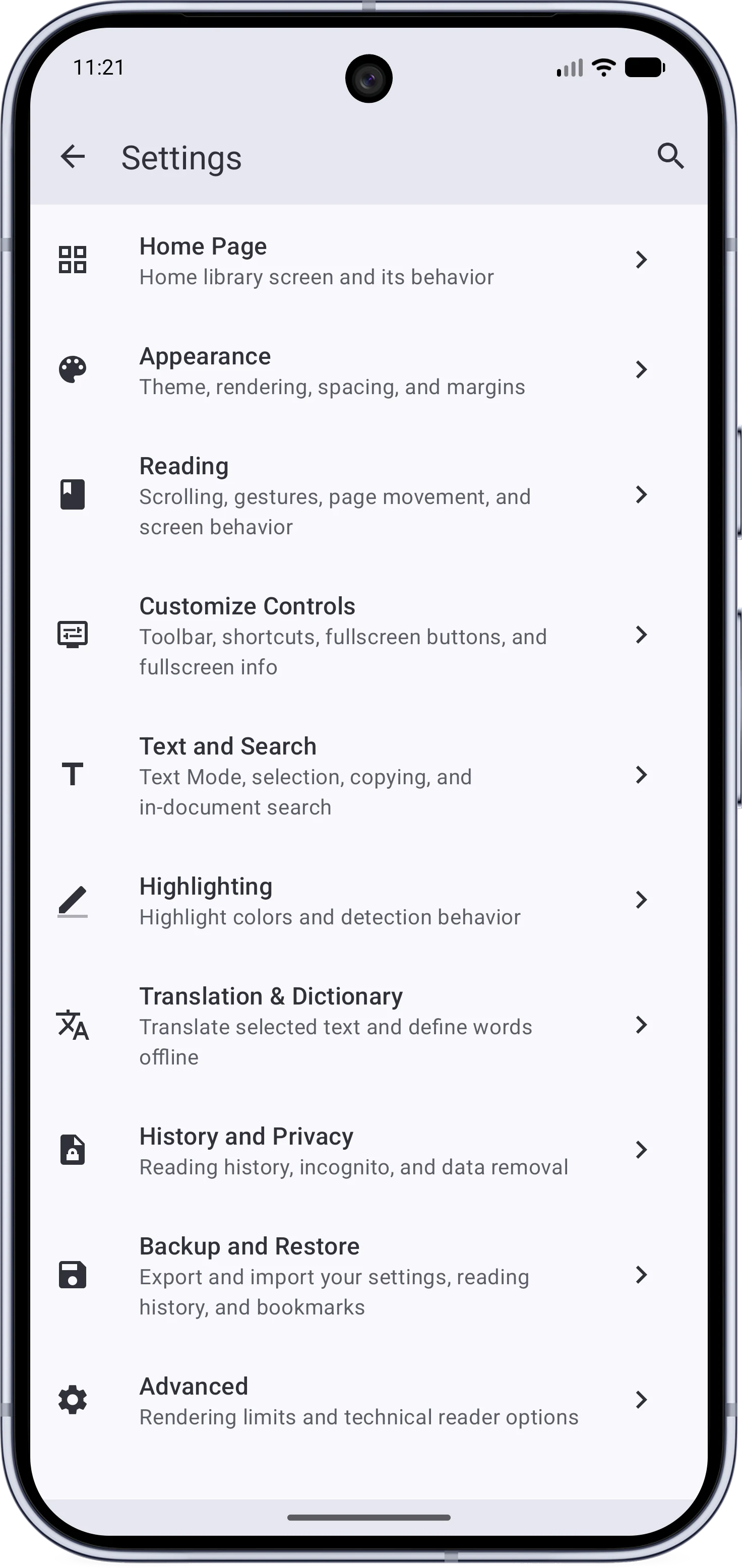 The reorganized settings