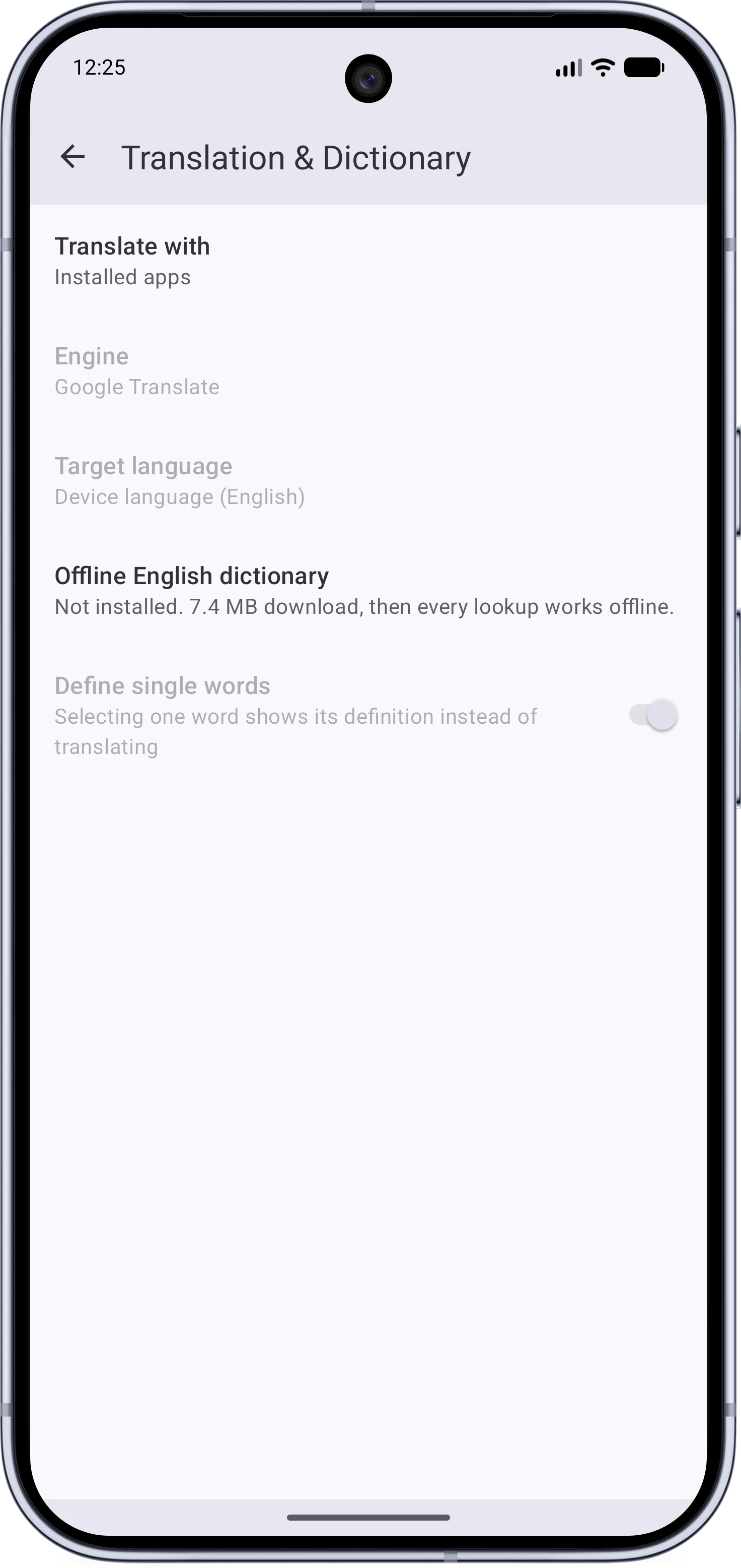 The Translation and Dictionary settings page